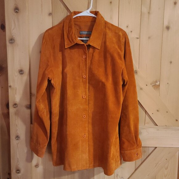 JESSICA HOLBROOK Women's Large Suede Leather Button Front Jacket Coat Easy Care